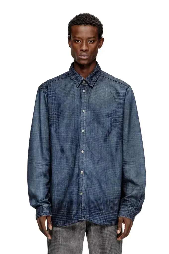 d-simply-s13 Koszula z płynnego denimu w kratę Prince of Wales