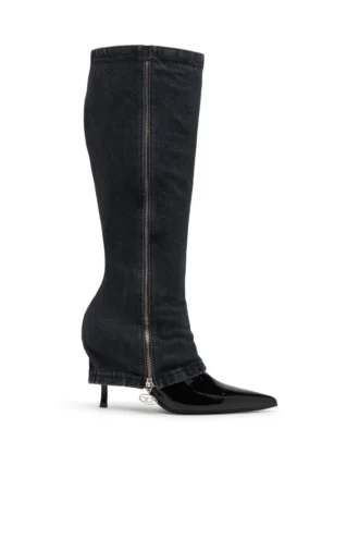 d-venus skręcone botki D-Venus-Szpilki do kolan z trompe l’oeil w stylu jeansowym
