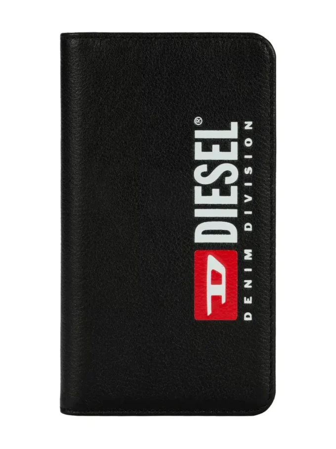 Etui diesel 2 w 1 typu folio do iPhone’a XS i iPhone’a X Czarne skórzane etui z nadrukowanym i wytłoczonym logo, iPhone XS i X