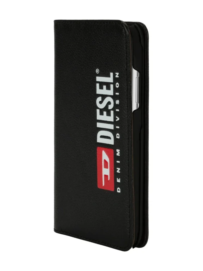 Etui diesel 2 w 1 typu folio do iPhone’a XS i iPhone’a X Czarne skórzane etui z nadrukowanym i wytłoczonym logo, iPhone XS i X