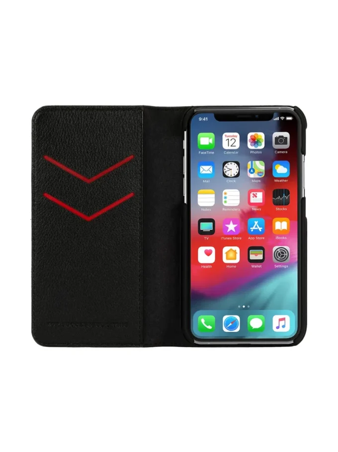Etui diesel 2 w 1 typu folio do iPhone’a XS i iPhone’a X Czarne skórzane etui z nadrukowanym i wytłoczonym logo, iPhone XS i X
