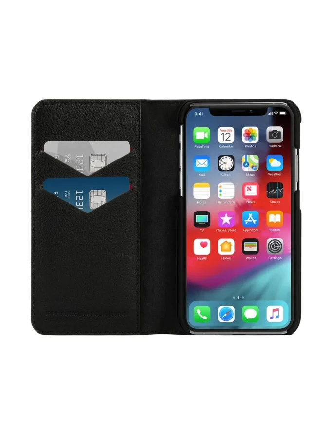 Etui diesel 2 w 1 typu folio do iPhone’a XS i iPhone’a X Czarne skórzane etui z nadrukowanym i wytłoczonym logo, iPhone XS i X